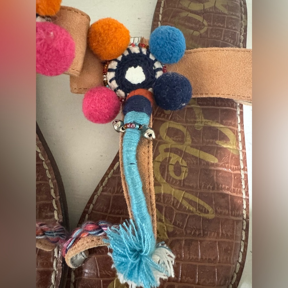 Sam Edelman Brown Leather Pom Pom Embellished Thong Sandals‎ - Picture 4 of 5